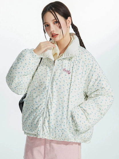 Reversible Cherry Broken Flower Stand Up Collar Lazy Short Down Jacket