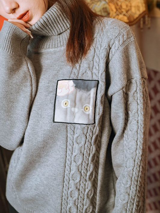 Gray Turtleneck China Patch Embroidery Pullover Knit Sweater