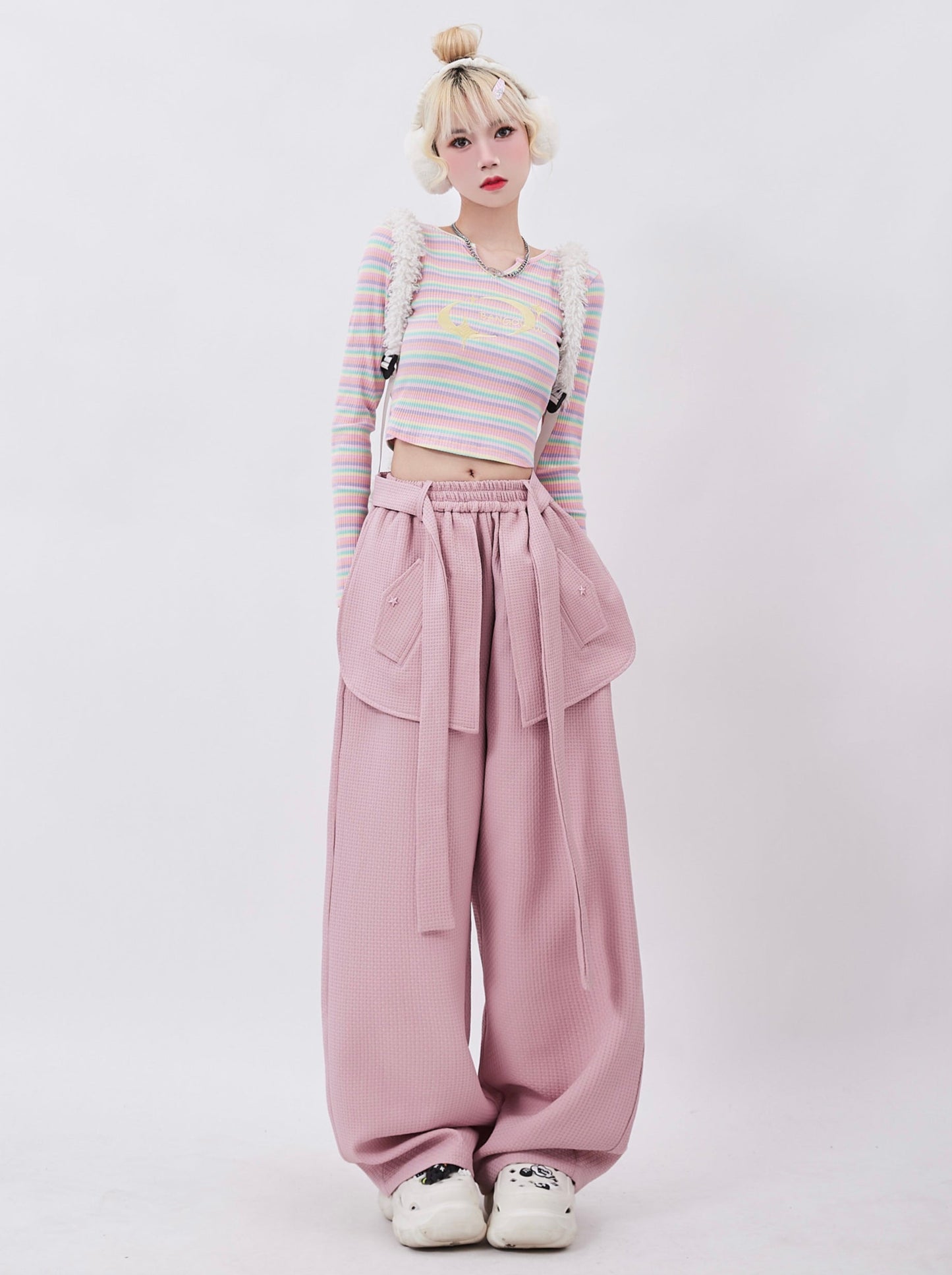 Retro Color Stripe Embroidery Short Top + Pink Flap Pants