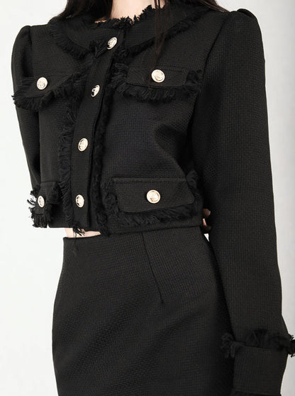Tweed puff shoulder collarless jacket + back slit skirt setup
