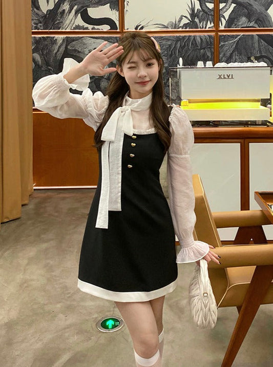 Ribbon blouse + French suspension skirt