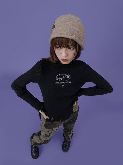 Logo Embroidered Irehem Damaged Rib Knit Top