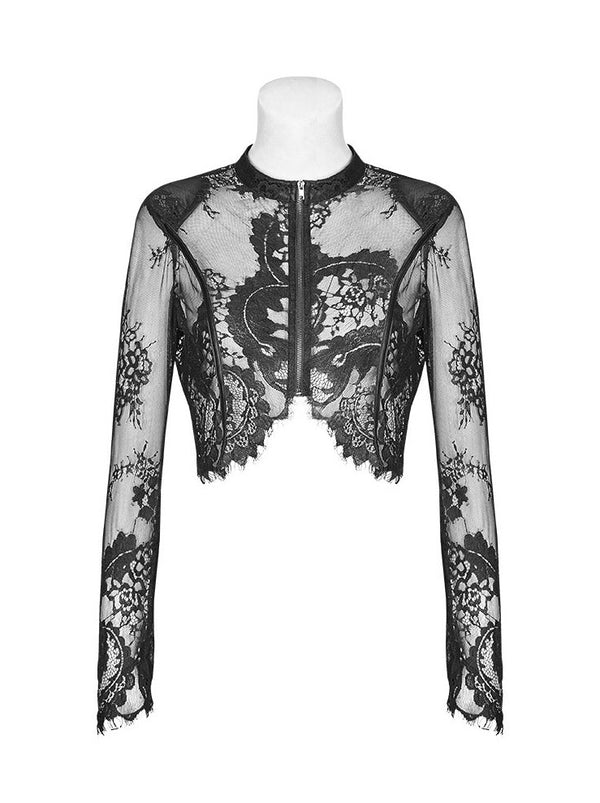 gothic lace sheer zip cardigan