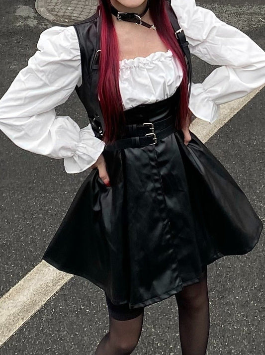 レースアップキャンディスリーブホワイトワンピース＋ベルト付きフロントボタンレザーAラインサススカート - Belchic