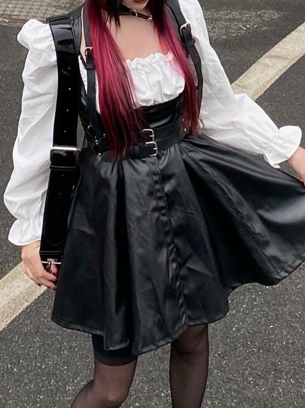 レースアップキャンディスリーブホワイトワンピース＋ベルト付きフロントボタンレザーAラインサススカート - Belchic