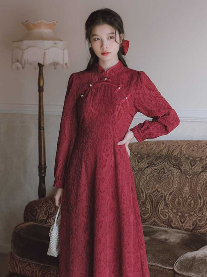 wine red cheongsam dress