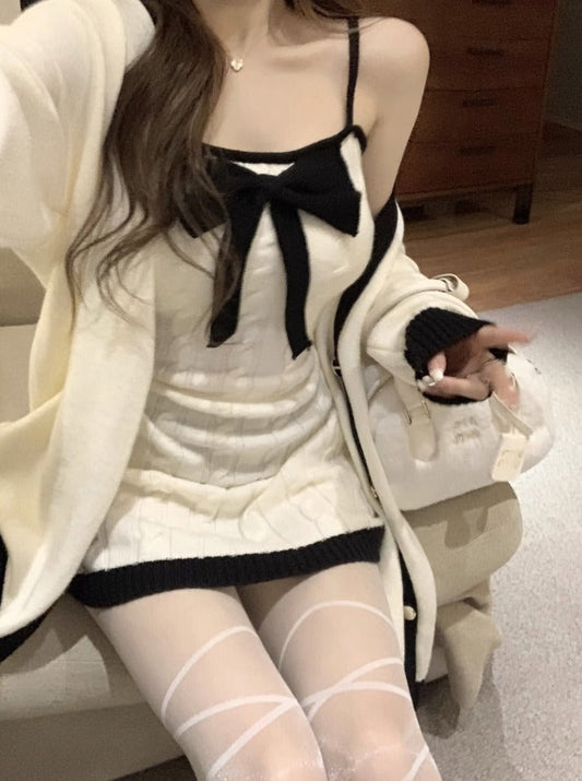 컬러 장학금 컬러 니트 가디건 + 리본 케이블 니트 드레스