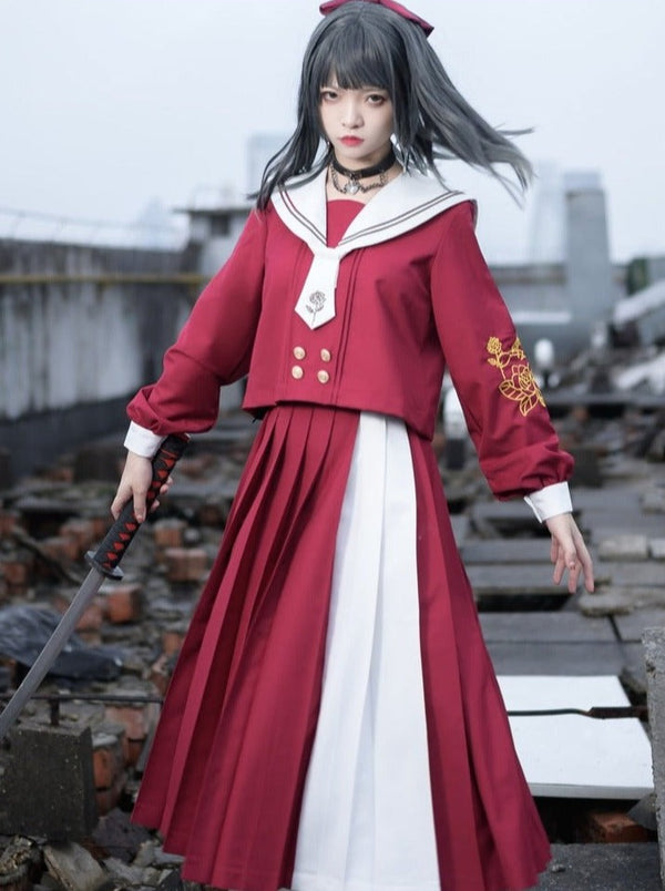 ネクタイ付きバラ刺繍タックセーラートップス＋アシメカラープリーツスカート