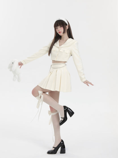 Pearl Double Color Short Jacket + Flower Charm Chain Strap Pleated Skirt