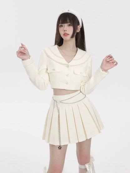 Pearl Double Color Short Jacket + Flower Charm Chain Strap Pleated Skirt