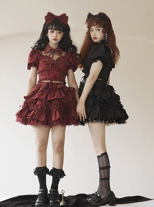 false collar + ribbon ruffle lace-up top + tiered ribbon volume skirt/ribbon catsuit