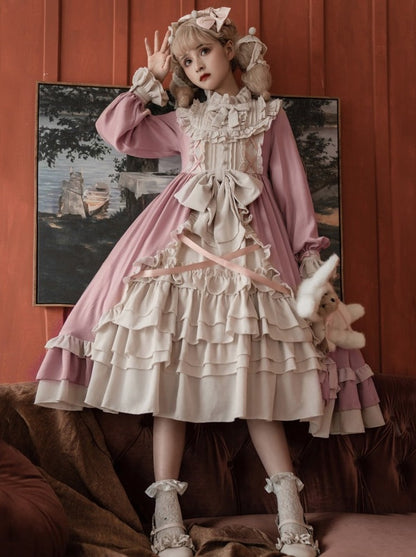 Frill Stand Collar Ribbon Tiered Princess Dress