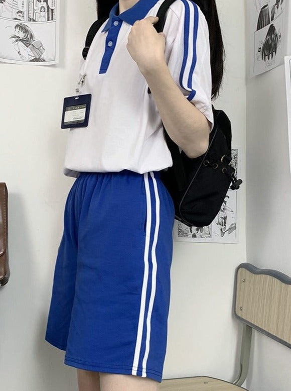 ポロカラーラインスリーブトップス＋プリーツスカート・ポロカラーラインスリーブトップス＋ラインハーフパンツ【ネームタグストラップ付き】