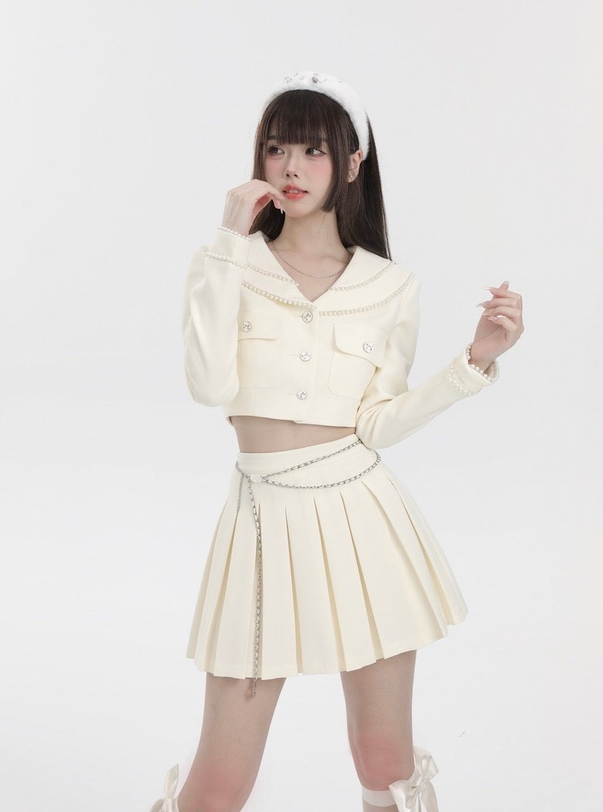 Pearl Double Color Short Jacket + Flower Charm Chain Strap Pleated Skirt