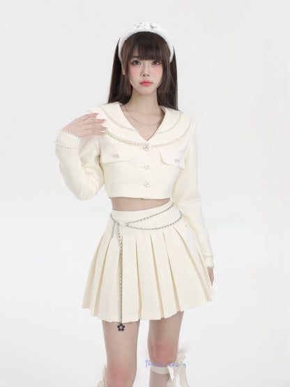 Pearl Double Color Short Jacket + Flower Charm Chain Strap Pleated Skirt