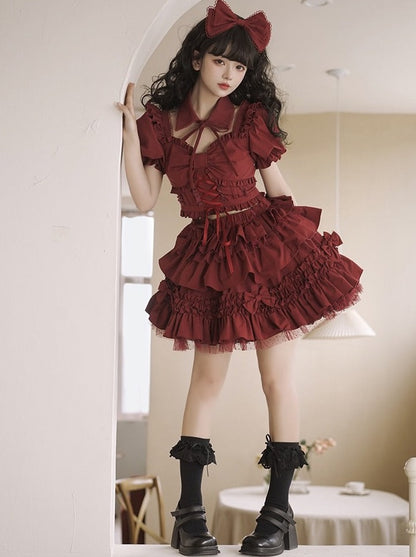 false collar + ribbon ruffle lace-up top + tiered ribbon volume skirt/ribbon catsuit