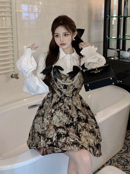 体积袖衬衫 +珍珠丝带猫图案Saswan件