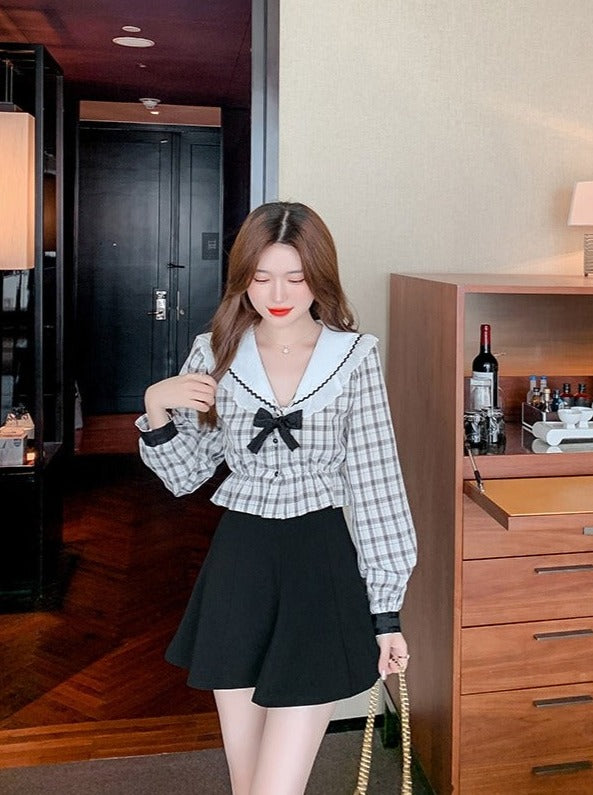 Sailor color check ribonflill tops