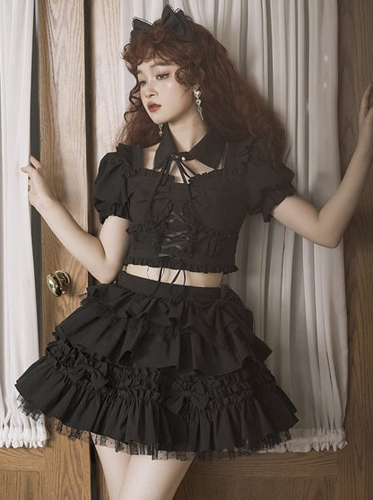 false collar + ribbon ruffle lace-up top + tiered ribbon volume skirt/ribbon catsuit