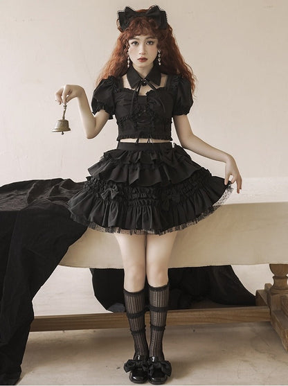 false collar + ribbon ruffle lace-up top + tiered ribbon volume skirt/ribbon catsuit