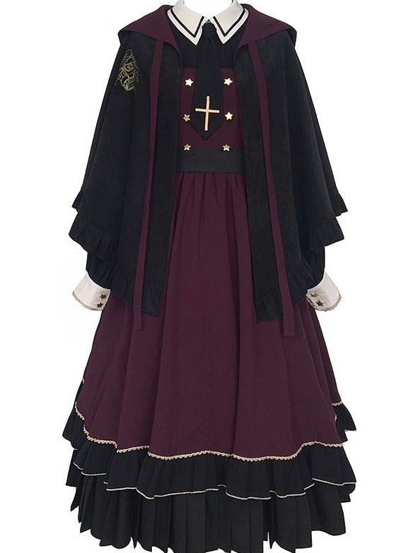 Faux Two Piece Pleated Cape Dark Gothic Dress