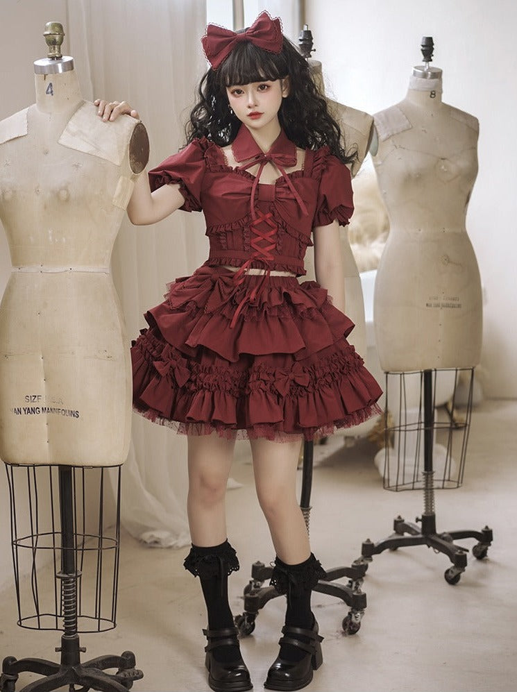 false collar + ribbon ruffle lace-up top + tiered ribbon volume skirt/ribbon catsuit