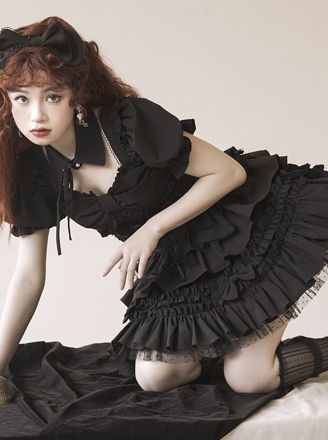 false collar + ribbon ruffle lace-up top + tiered ribbon volume skirt/ribbon catsuit