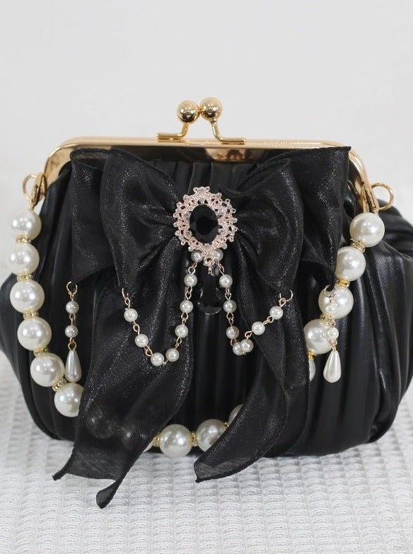 パールハンドルジュエルリボンアンティークバッグ - LilyBlack