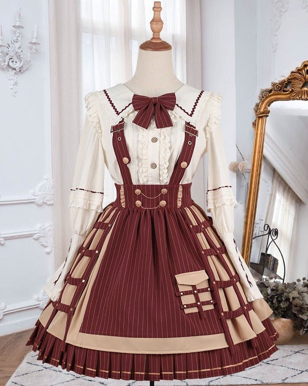 リボンベレー帽＋リボンレースアップスリーブフリルブラウス＋レイヤードサススカート＋ケープジャケット - Belchic