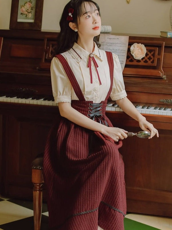 リボン付きパフスリーブブラウス＋レースアップコルセットサススカート - Belchic