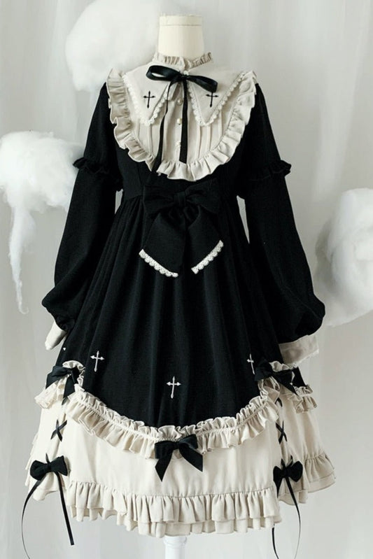 フリルスタンドカラークロスリボンワンピース - LilyBlack