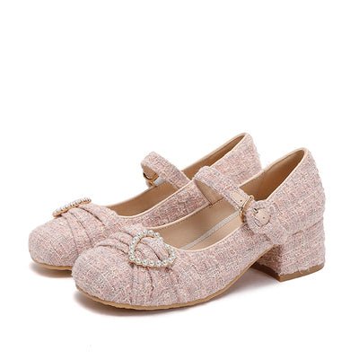ツイードパールデコレーションワンストラップガーリーシューズ - LilyBlack