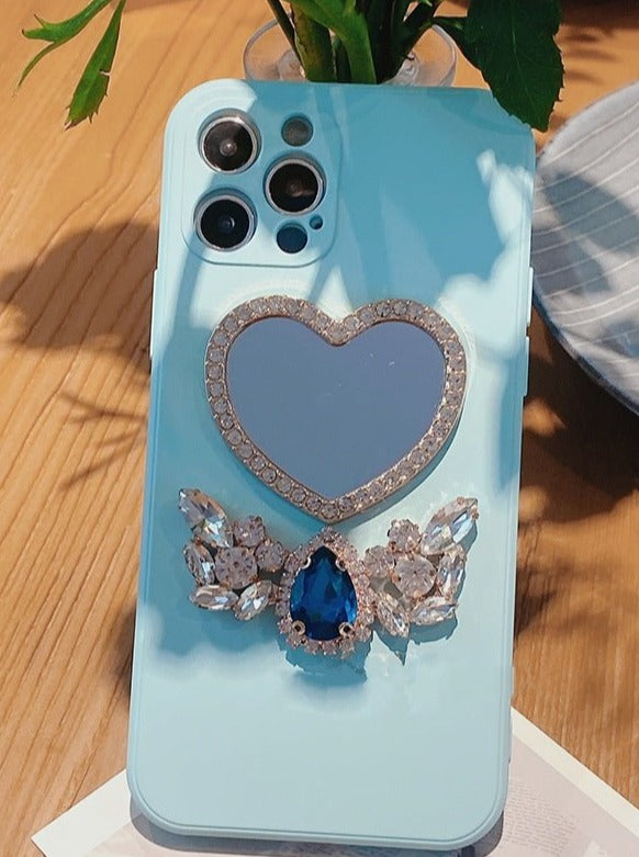 ミラー付きブルーストーンジュエルスマホケース - LilyBlack