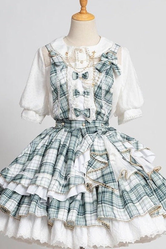 スターパールストラップ付きパフスリーブブラウス＋ハンドスリーブ付きチェックリボンステージサスドレス - Belchic