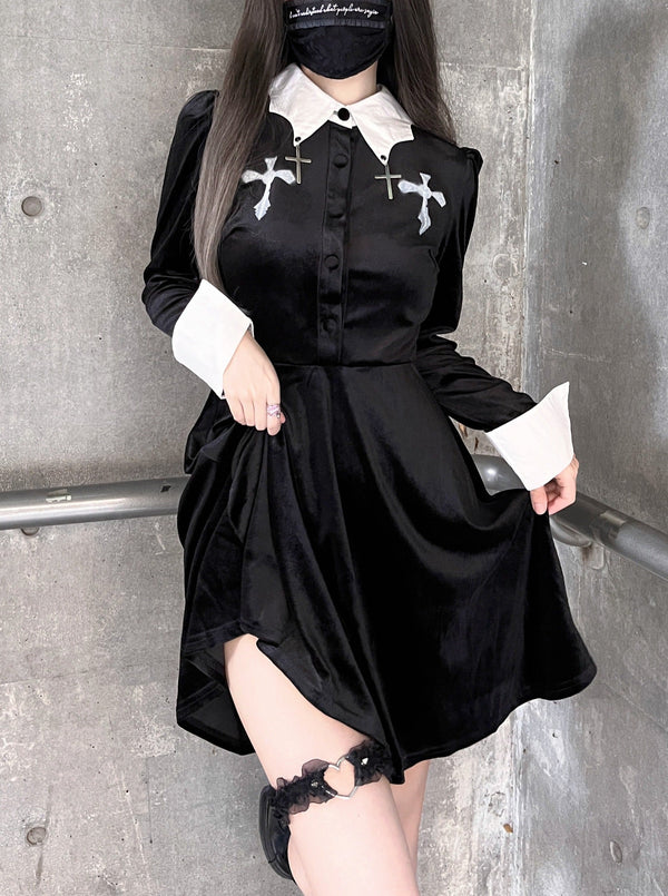 クロスゴシックコウモリカラーベルベットワンピース - Belchic