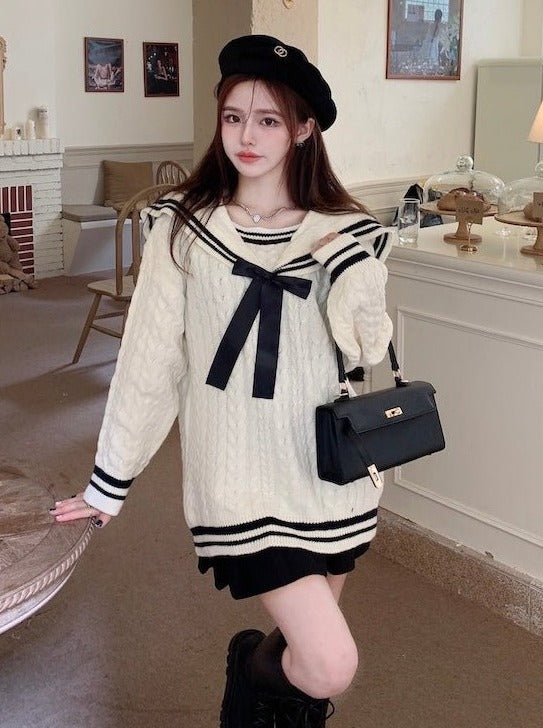 リボンセーラーケーブルニットセーター - Belchic