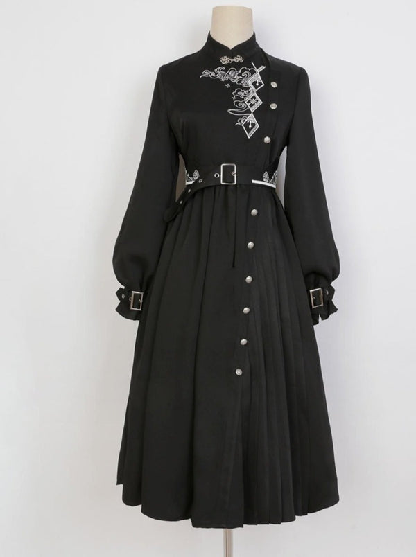 チャイナテイスト刺繍ベルトストラップスリーブアシメワンピース - Belchic