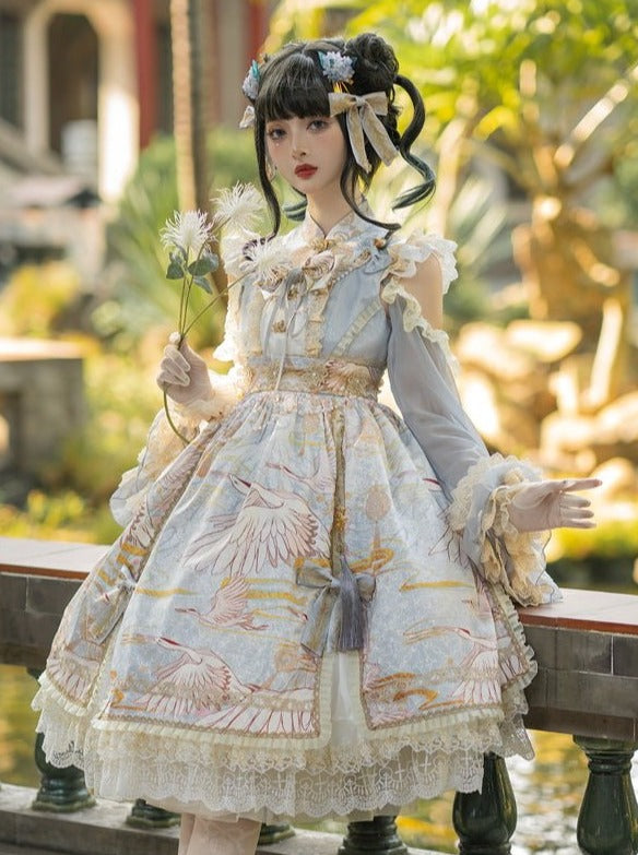 オープンショルダーウエストマークリボンチャイナテイストドレス - Belchic