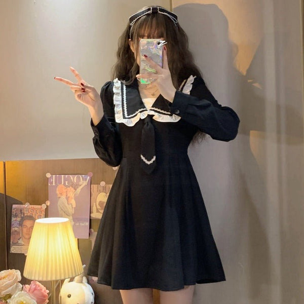 ネクタイ付きフリルボックスカラーワンピース - Belchic