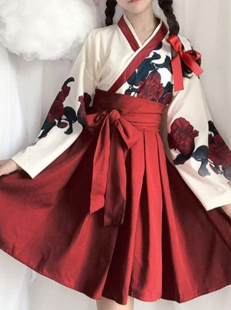 和花柄プリント着物シャツ＋リボン袴風スカート - Belchic
