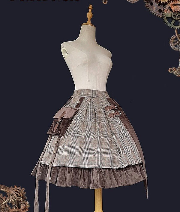 チェックレザーバックルベスト＋サイドバッグチェックアシメレイヤードスカート探偵コーデ - Belchic