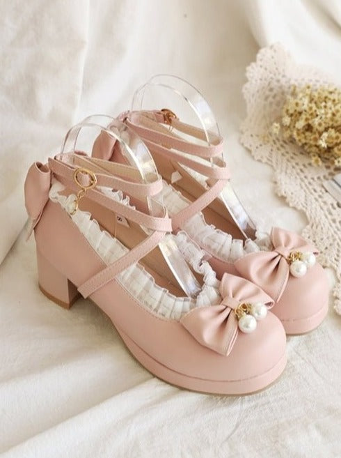 クロスストラップレースリボンパンプス - LilyBlack