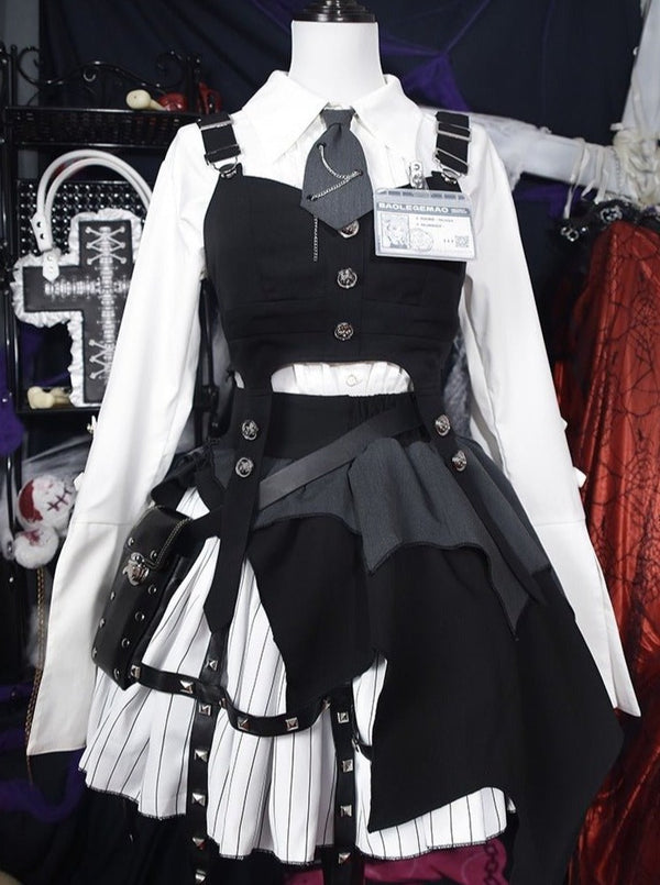 ネクタイ付きストラップスリットスリーブシャツ＋サスビスチェ＋ウエストバッグ付きスタッズイレヘムレイヤードスカート＋アシメレッグカバーフルセット - Belchic