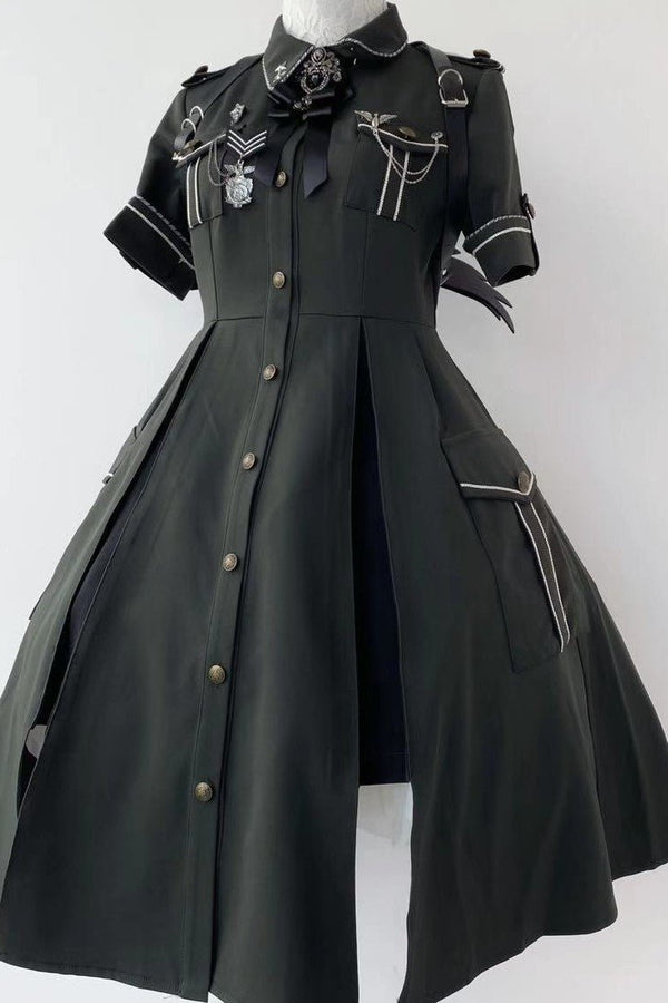 【軍服】フロントボタンアーミーテイストスプリットワンピース - Belchic