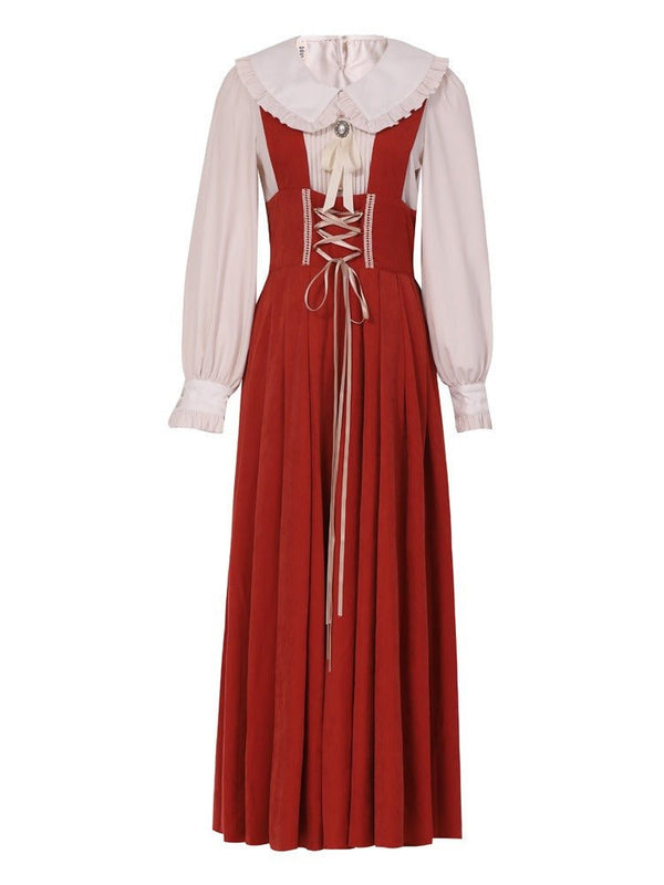 ジュエルリボンフリルタックブラウス＋レースアップバックリボンサススカート - Belchic