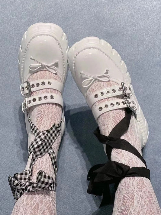 アシメリボン付きダブルストラッププラットフォームシューズ - Belchic