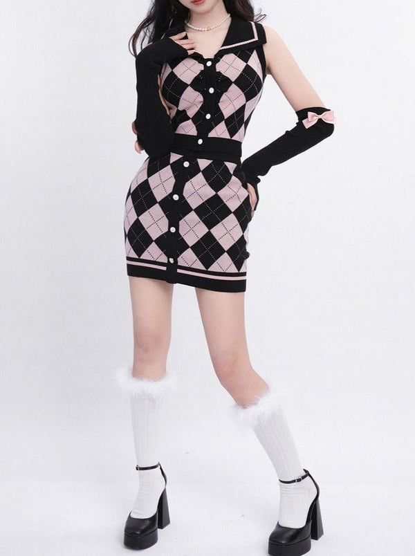 ジュエルリボン付きラインカラーノースリーブニットトップス＋ダイヤチェックニットスカート＋ラインスリーブショートカーディガン - LilyBlack