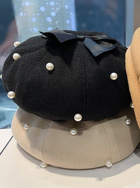 パールリボンウールベレー帽 - LilyBlack
