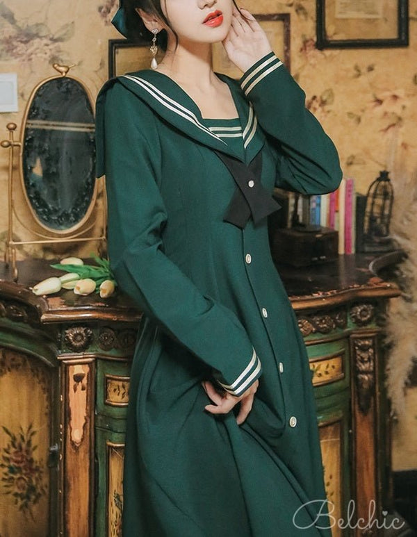 クロスリボンタックセーラーワンピース - Belchic