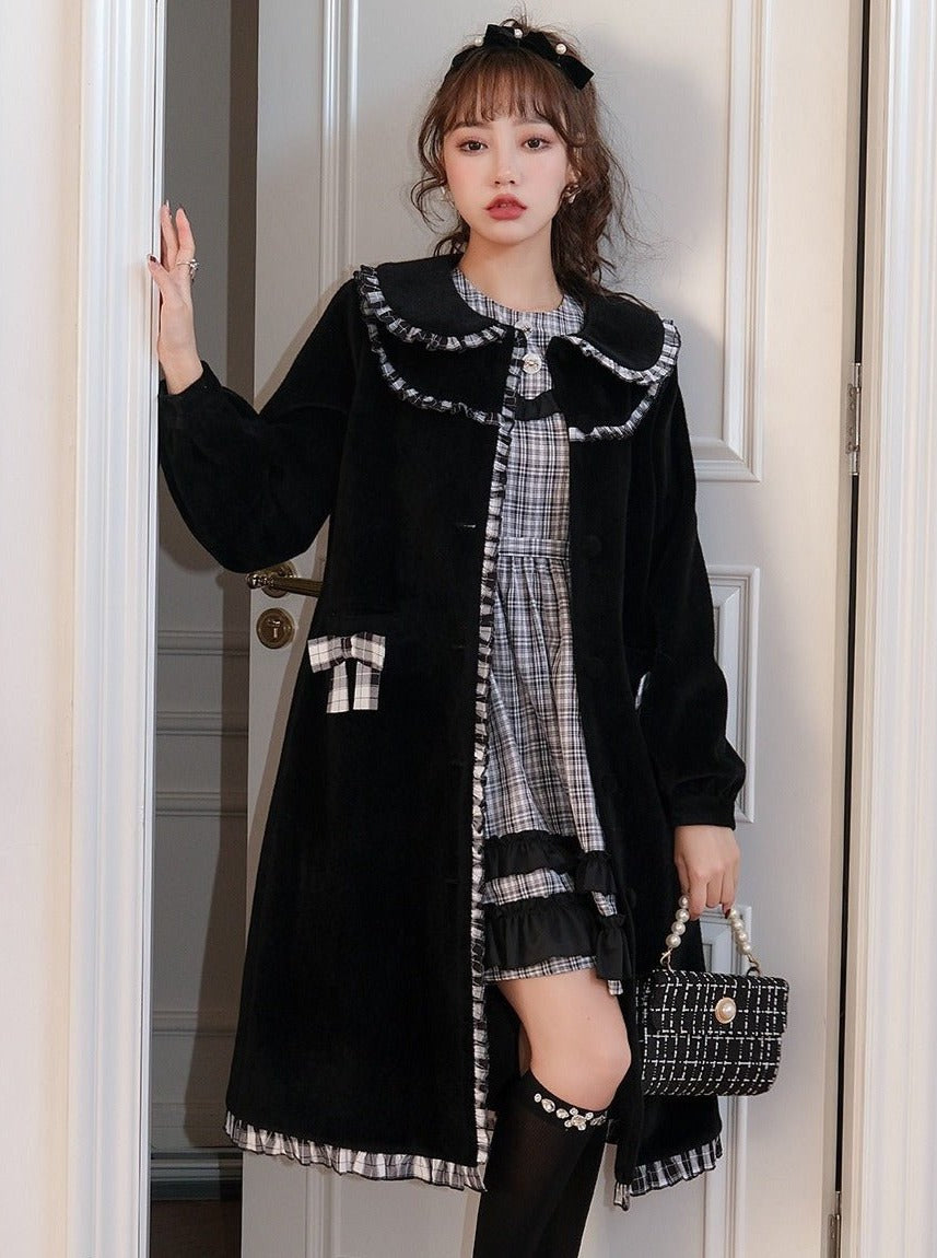 Check frill layered color ribbon pocket coat